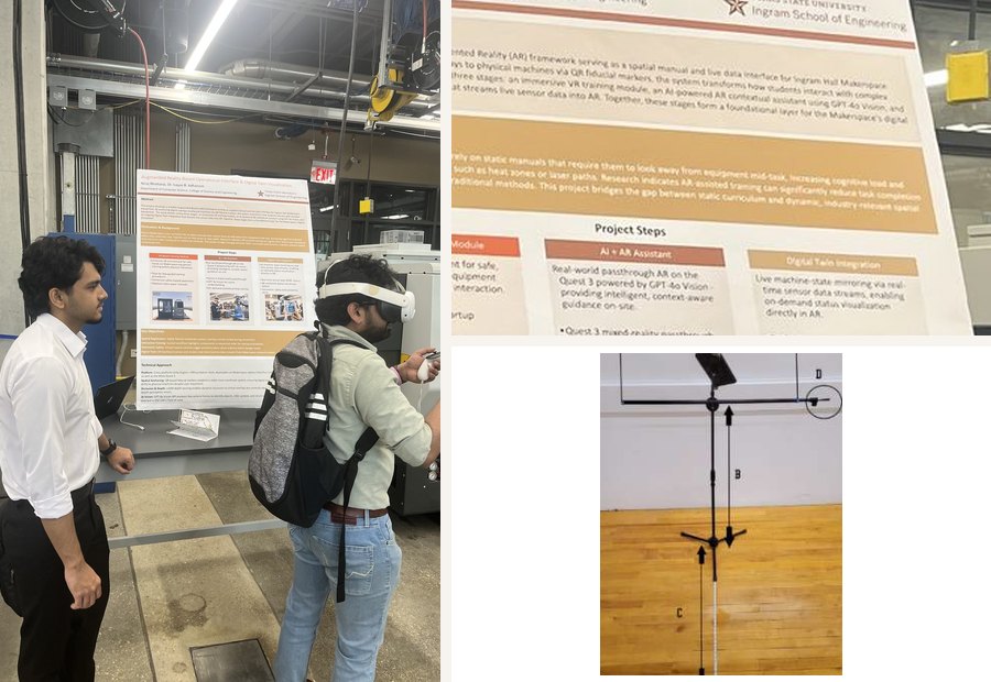 A student tries the AR digital-twin demo, a close-up of the project poster, and the vestibular/ocular motor screening (VOMS) prototype from our concussion work