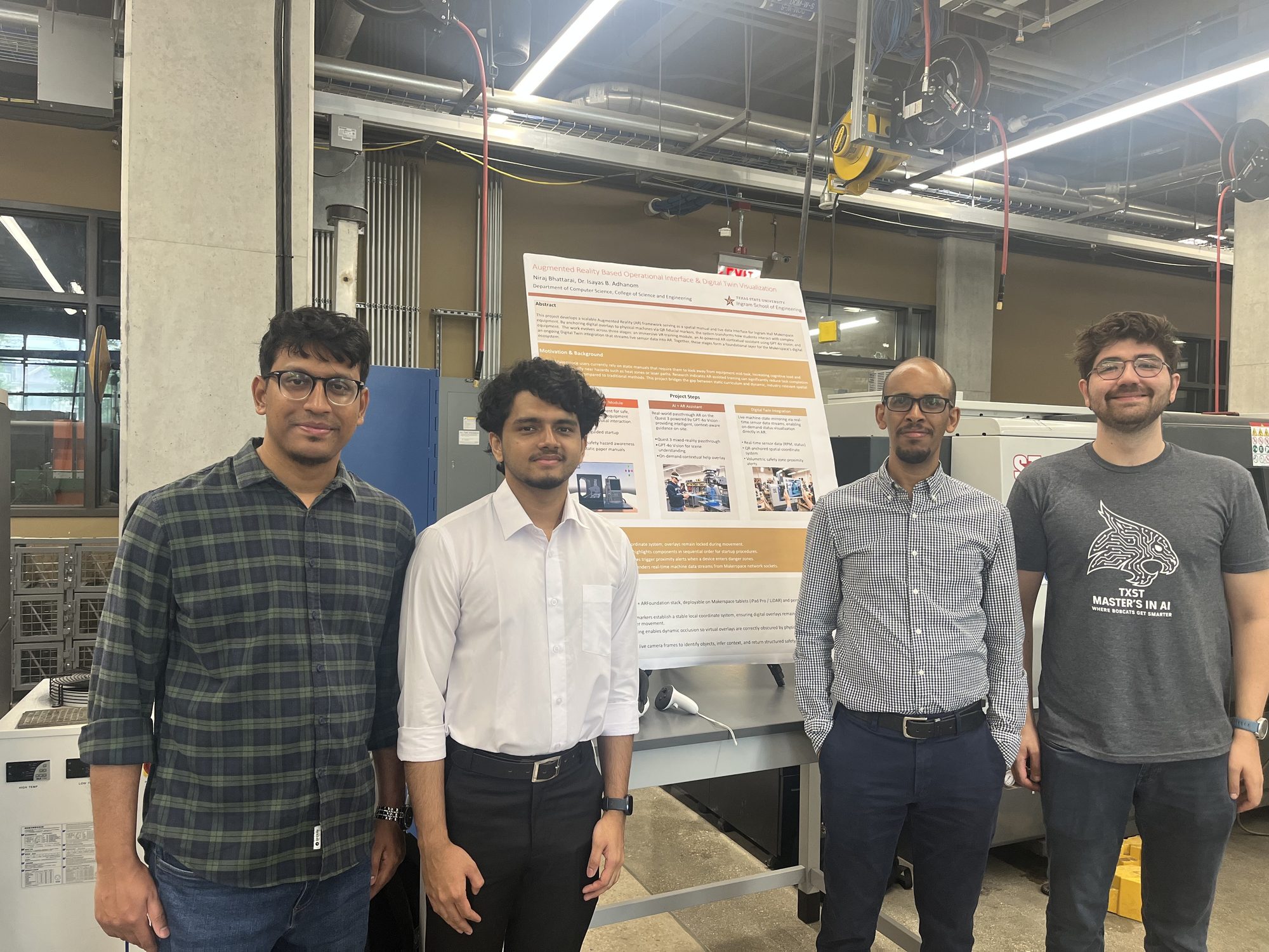 XPI Lab members standing beside their augmented-reality digital-twin poster